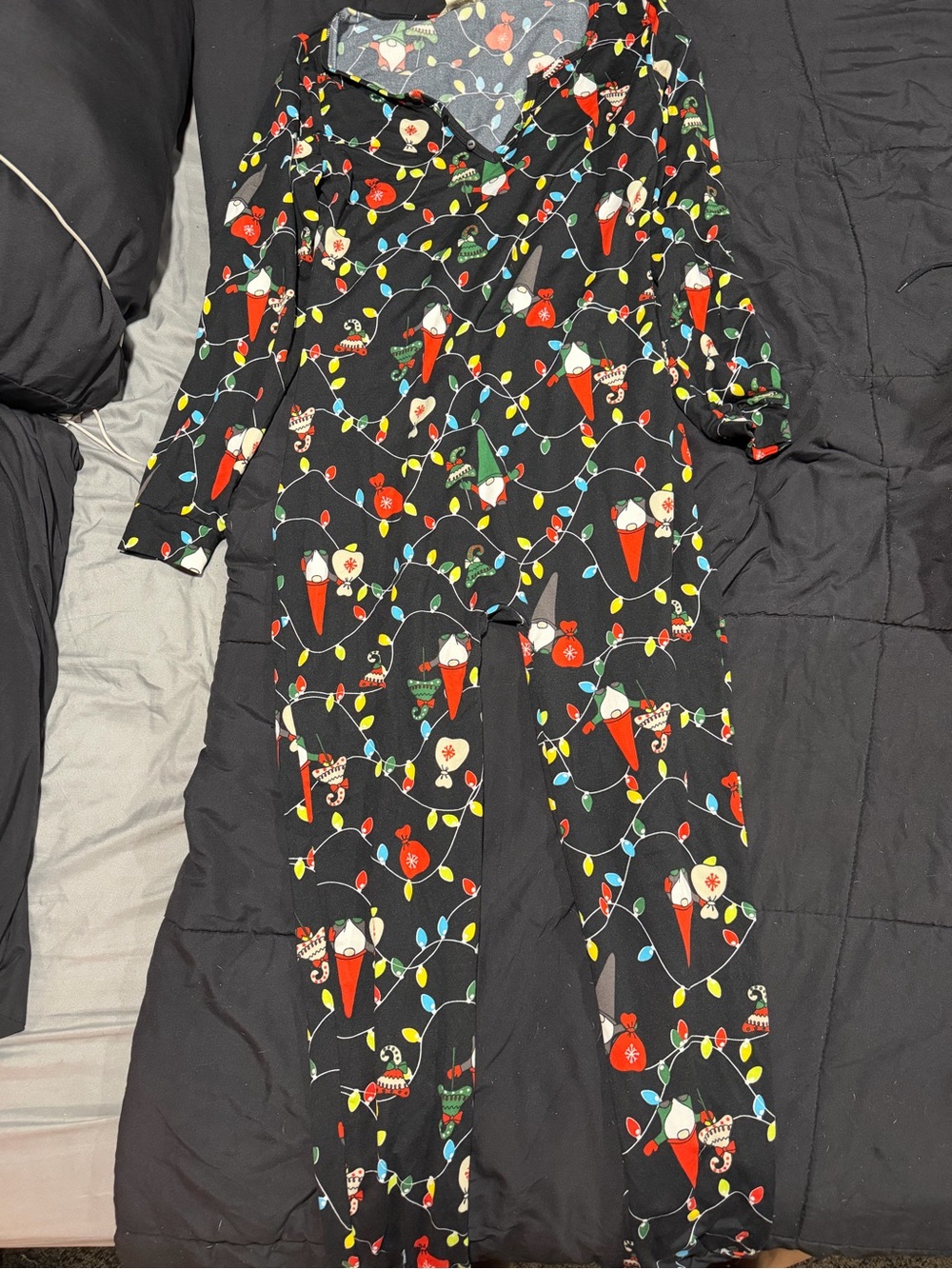 shosho Black Holiday Gnome & Light String Pajama Jumpsuit